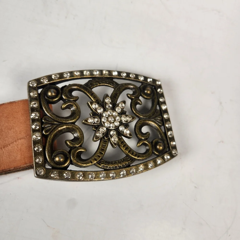 Western Rhinestone Belt Size 32 Brown Tooled Leather Cowboy Rodeo Equestrian - Picture 8 of 9